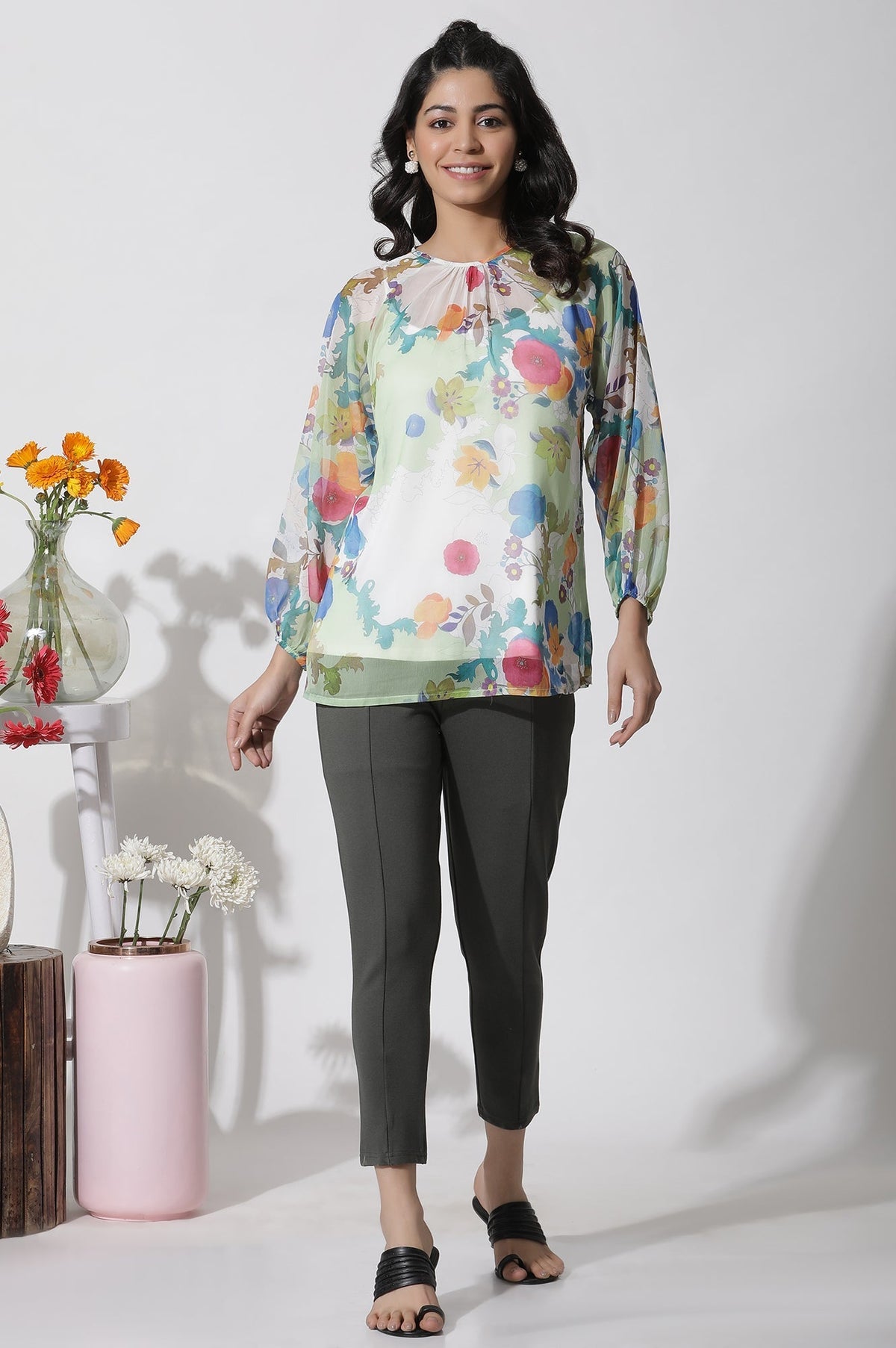 W for Woman Whote Floral Printed Chiffon Top | Grocsy