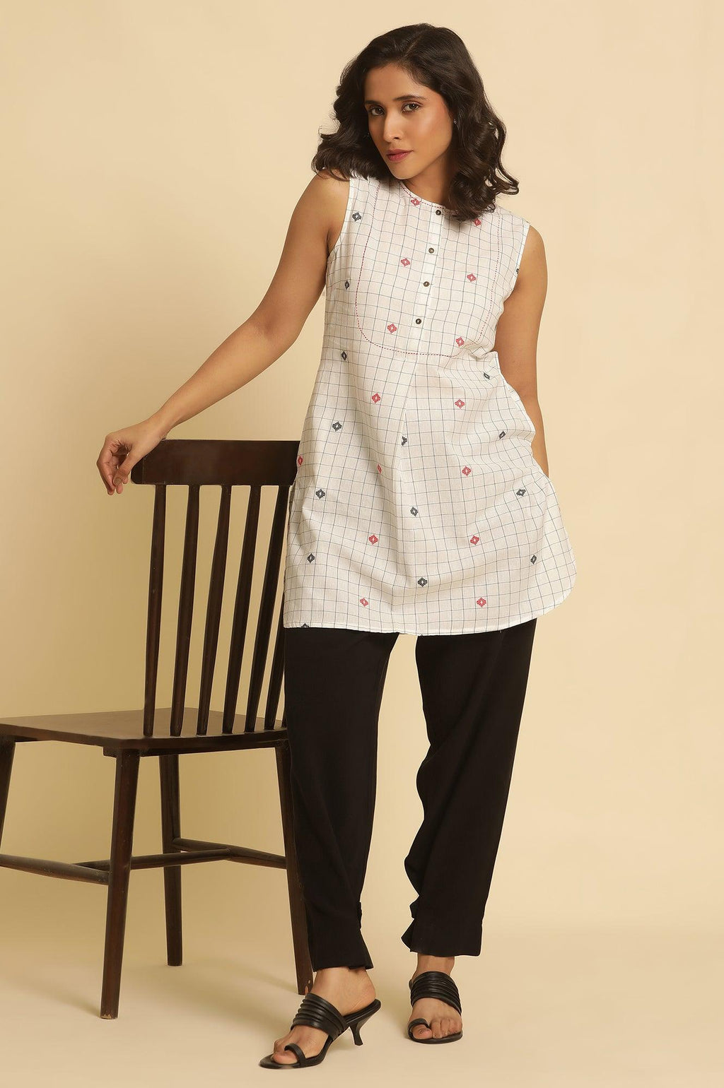 W for Woman White Checker Tunic With Curved Hemline | Grocsy