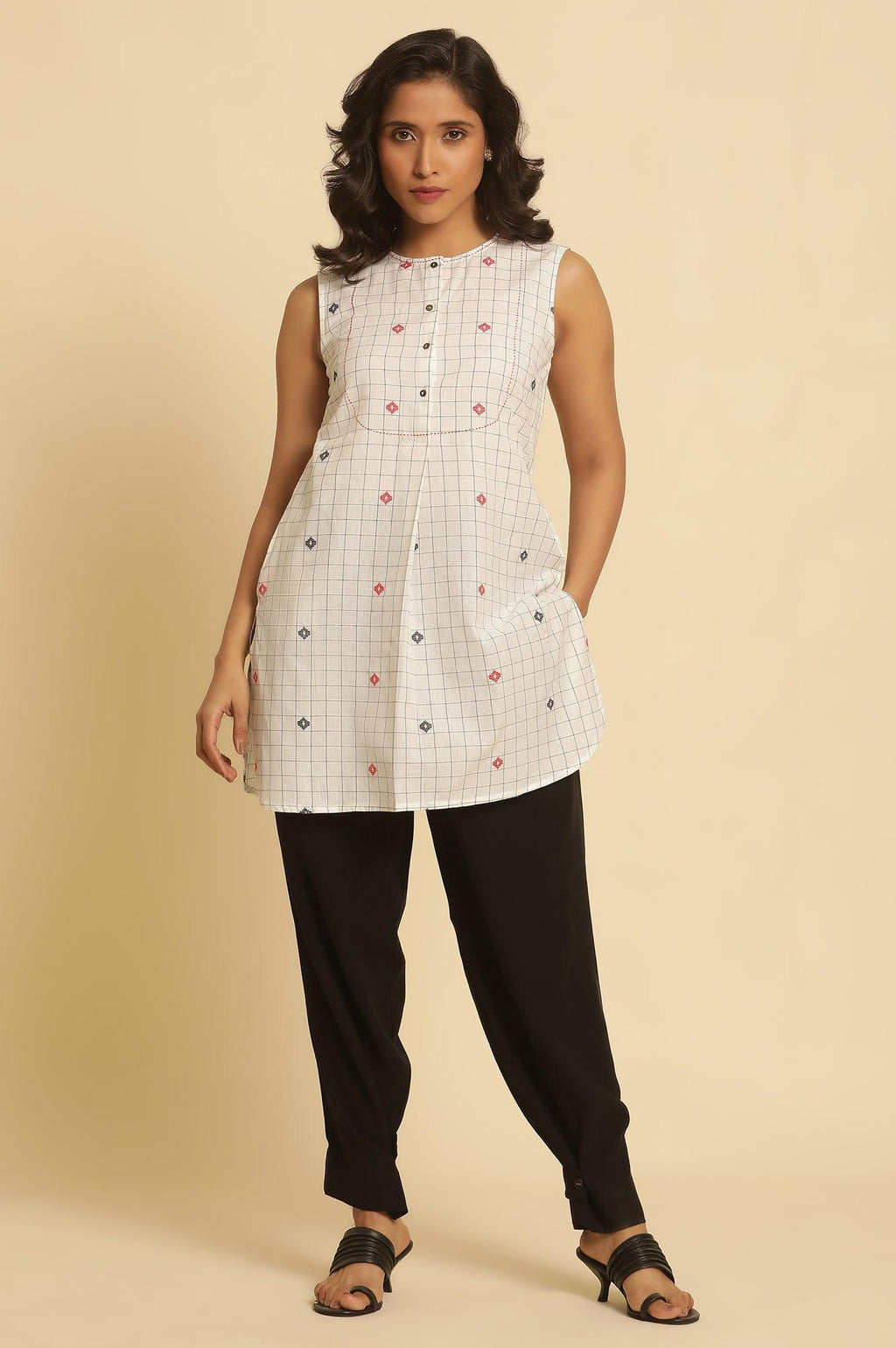 W for Woman White Checker Tunic With Curved Hemline | Grocsy