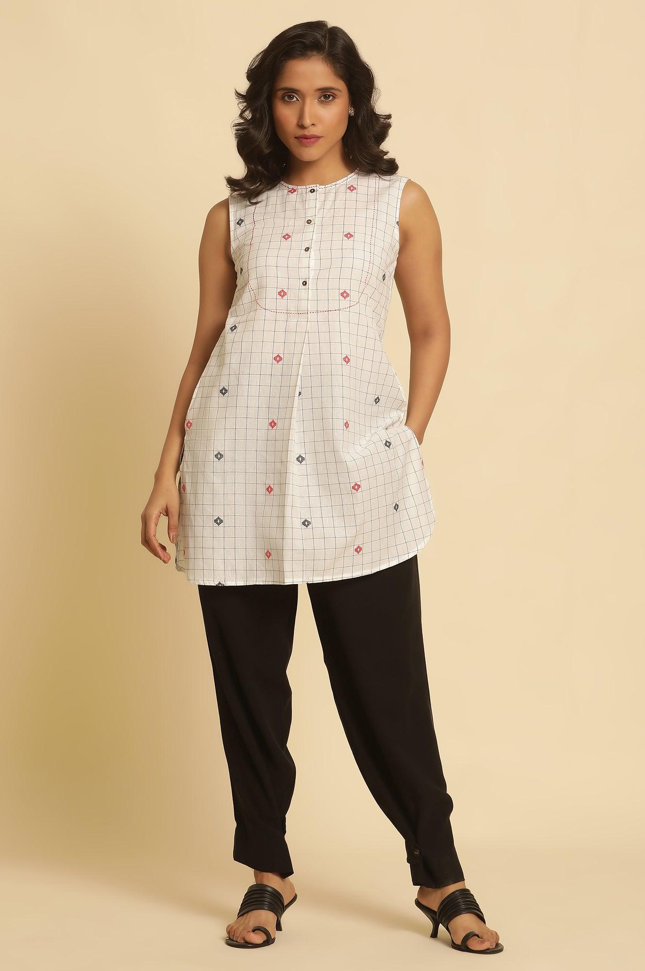 W for Woman White Checker Tunic With Curved Hemline | Grocsy