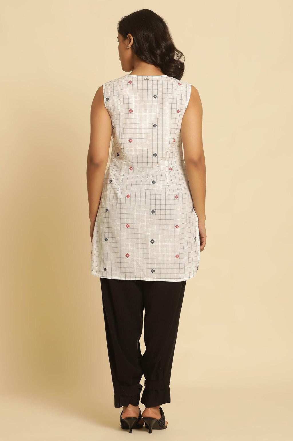 W for Woman White Checker Tunic With Curved Hemline | Grocsy