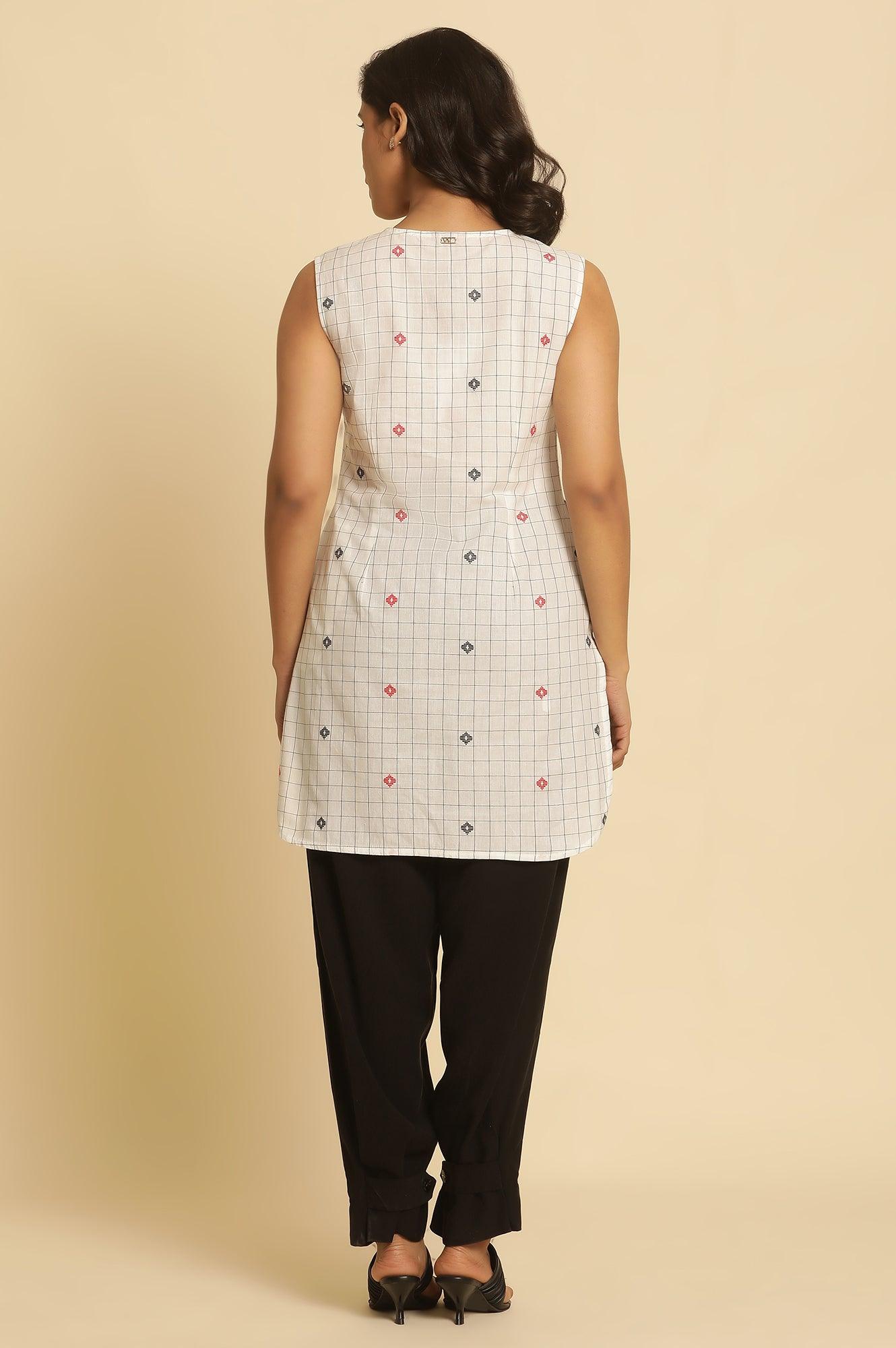 W for Woman White Checker Tunic With Curved Hemline | Grocsy