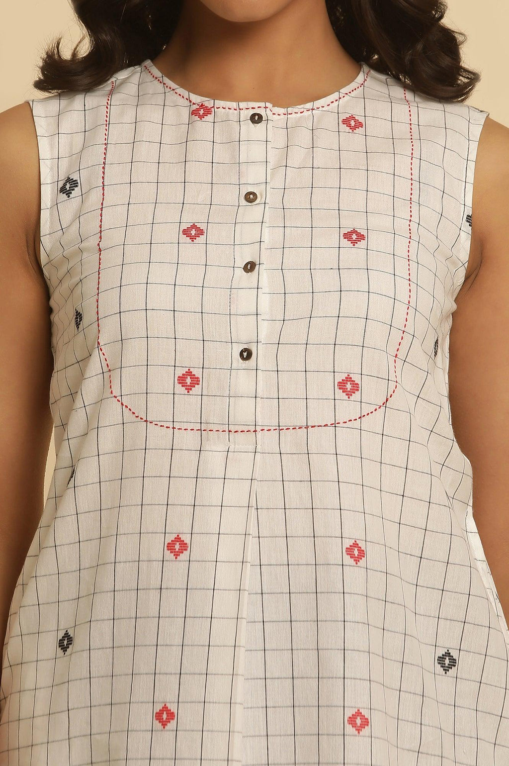 W for Woman White Checker Tunic With Curved Hemline | Grocsy