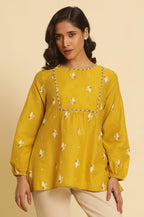 W for Woman Yellow Geometric Printed And Embroidered Top | Grocsy