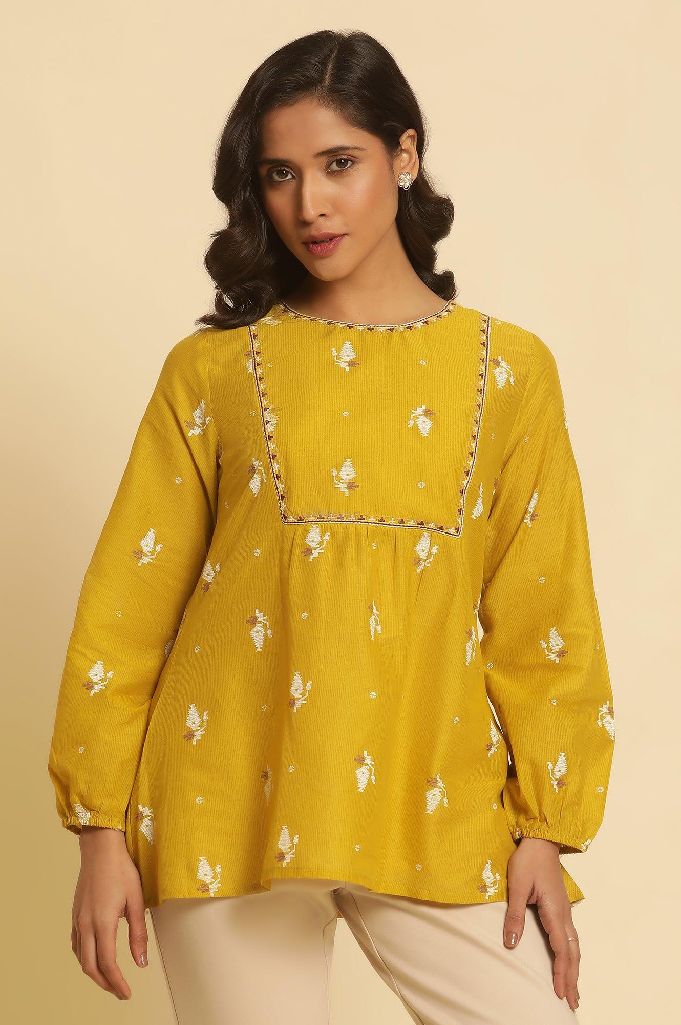 W for Woman Yellow Geometric Printed And Embroidered Top | Grocsy