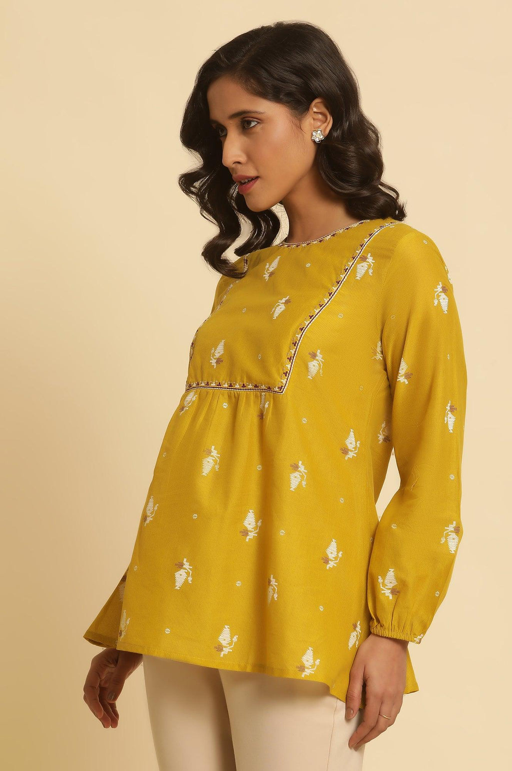 W for Woman Yellow Geometric Printed And Embroidered Top | Grocsy