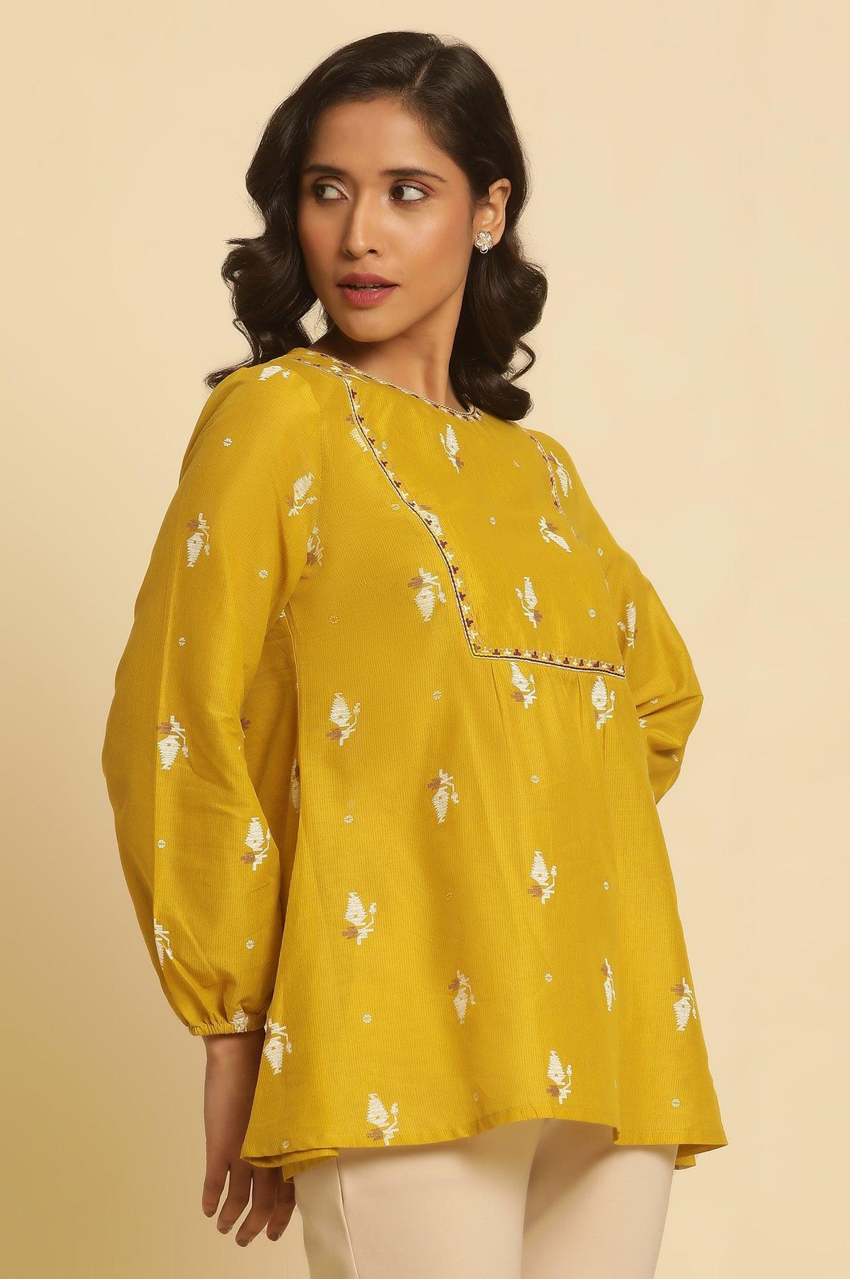 W for Woman Yellow Geometric Printed And Embroidered Top | Grocsy