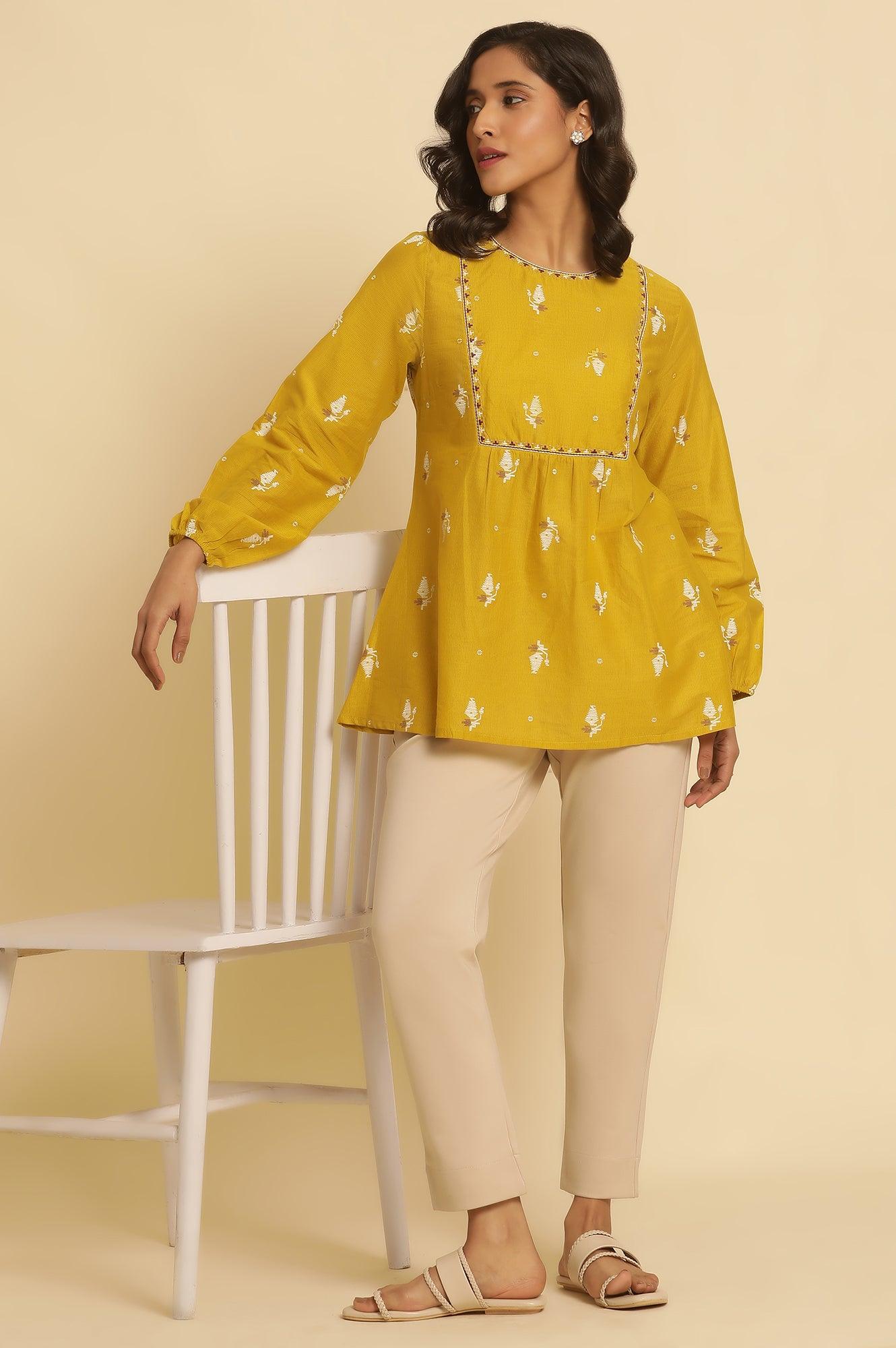 W for Woman Yellow Geometric Printed And Embroidered Top | Grocsy