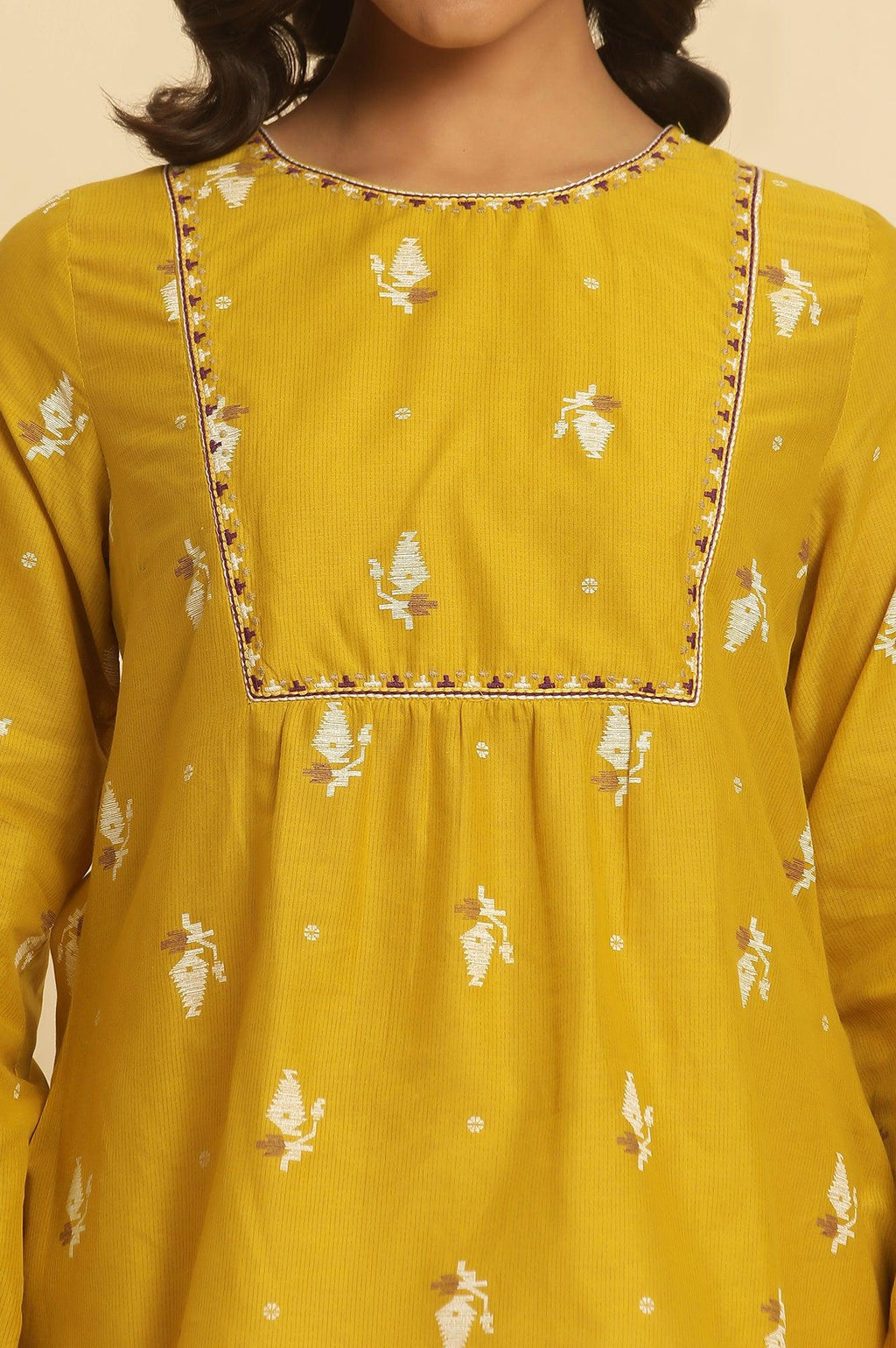 W for Woman Yellow Geometric Printed And Embroidered Top | Grocsy