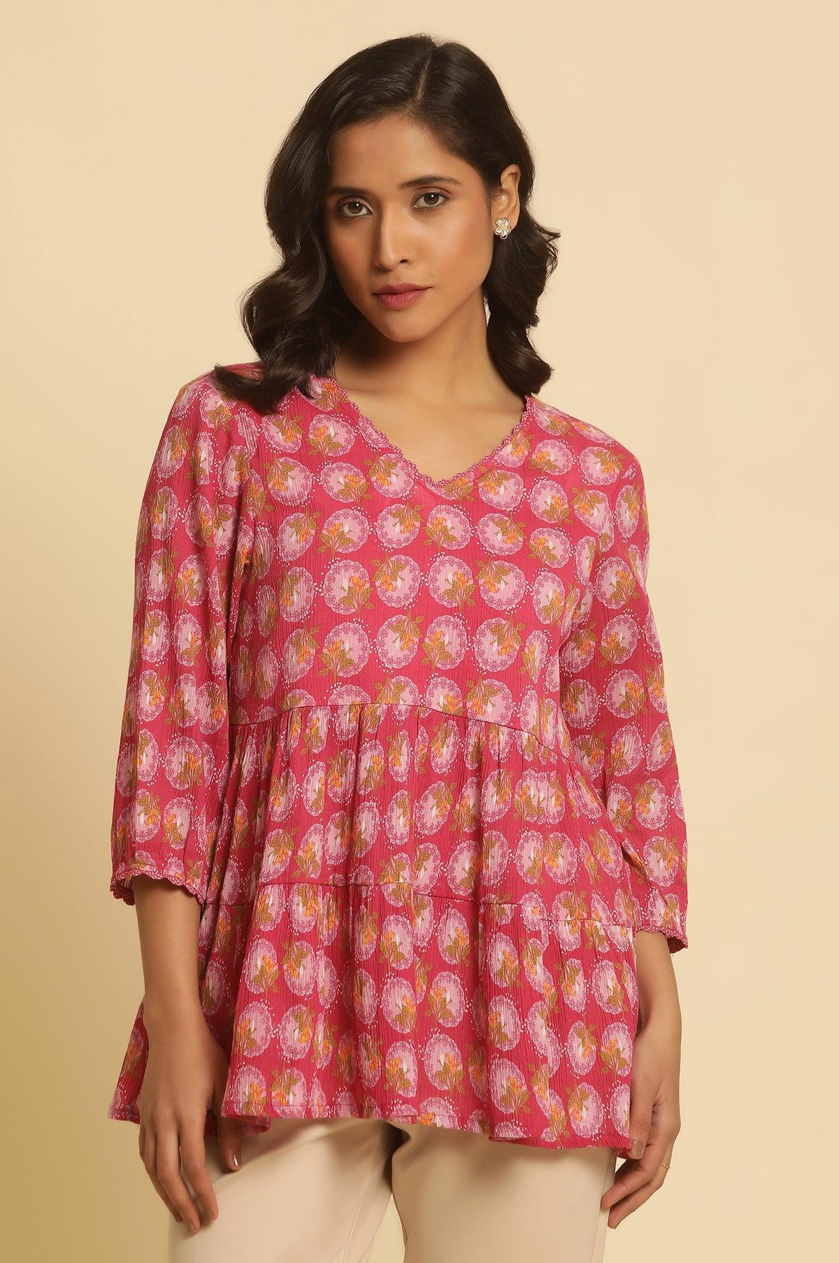 W for Woman Pink Printed Tiered Top | Grocsy