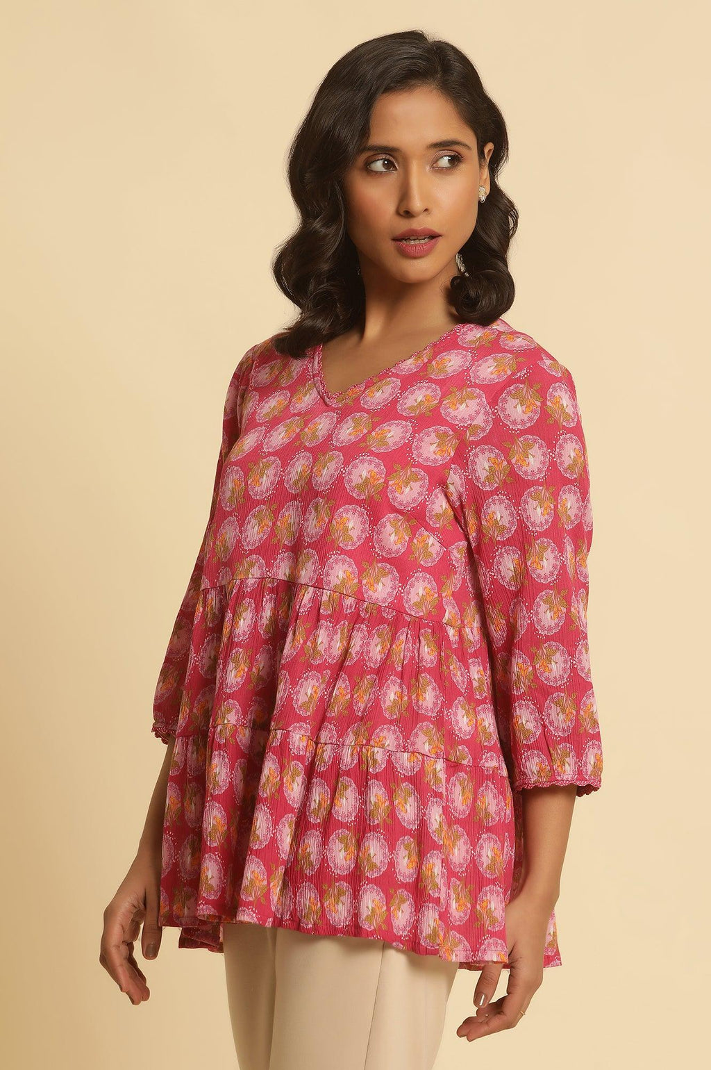 W for Woman Pink Printed Tiered Top | Grocsy