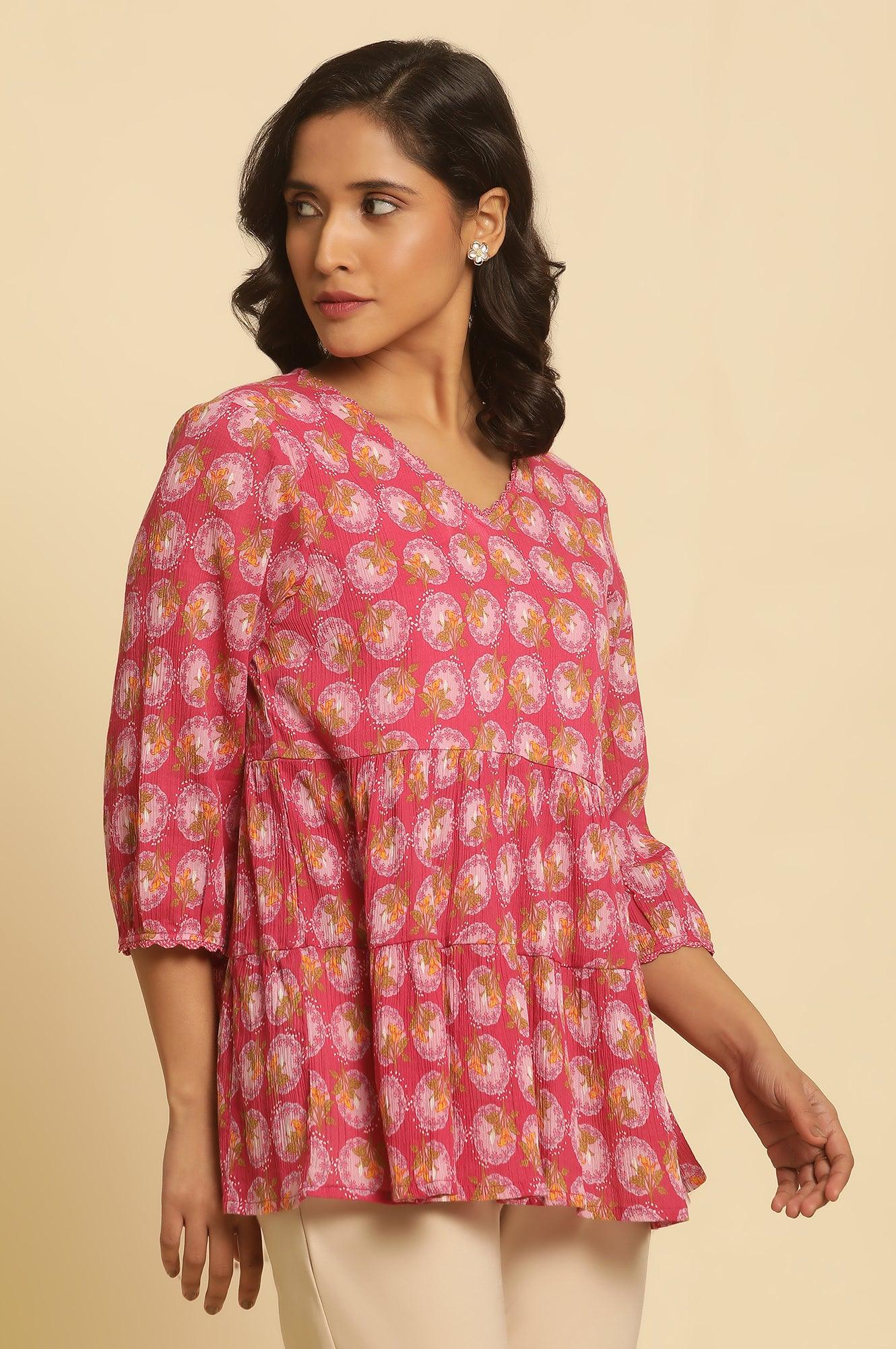 W for Woman Pink Printed Tiered Top | Grocsy