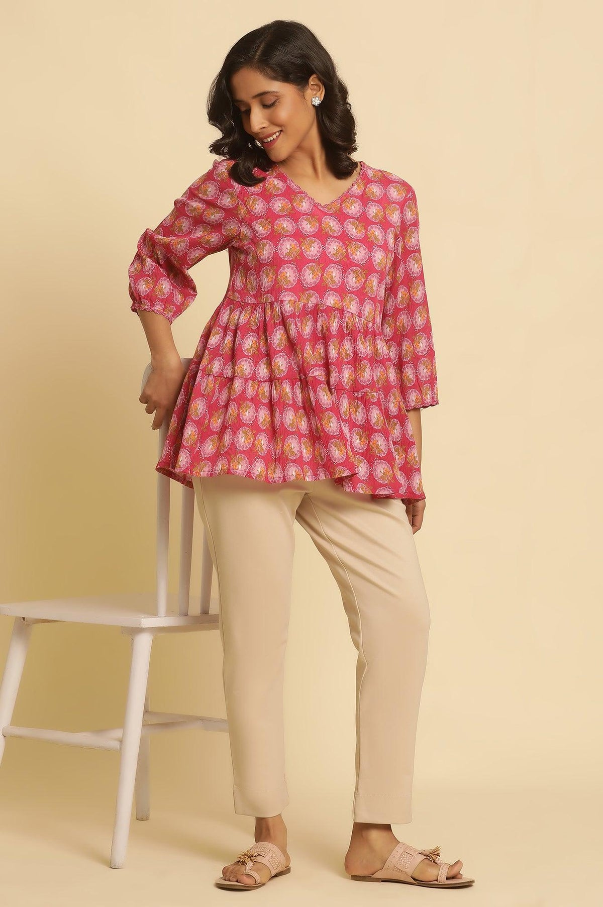 W for Woman Pink Printed Tiered Top | Grocsy