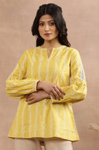 W for Woman Yellow Printed Top With Tie-Up Detail | Grocsy