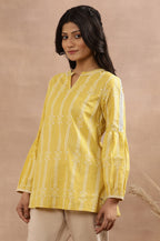 W for Woman Yellow Printed Top With Tie-Up Detail | Grocsy