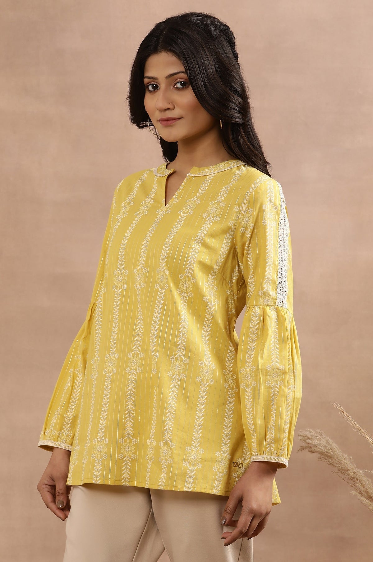 W for Woman Yellow Printed Top With Tie-Up Detail | Grocsy