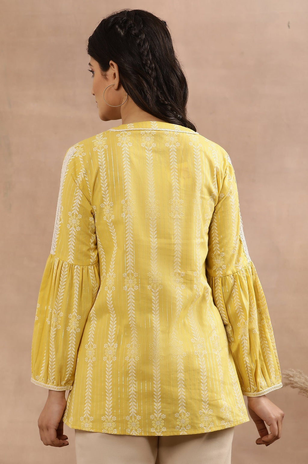 W for Woman Yellow Printed Top With Tie-Up Detail | Grocsy