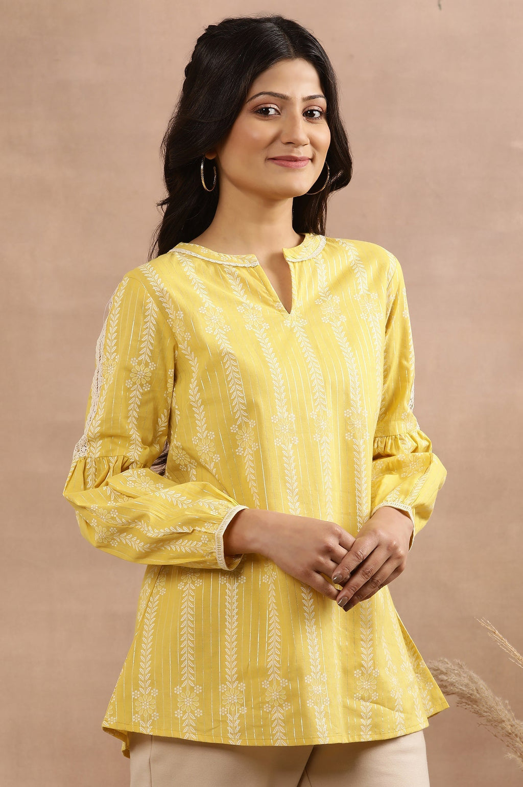 W for Woman Yellow Printed Top With Tie-Up Detail | Grocsy