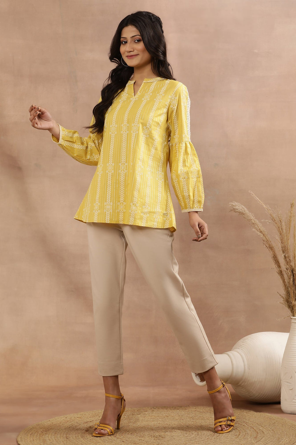 W for Woman Yellow Printed Top With Tie-Up Detail | Grocsy