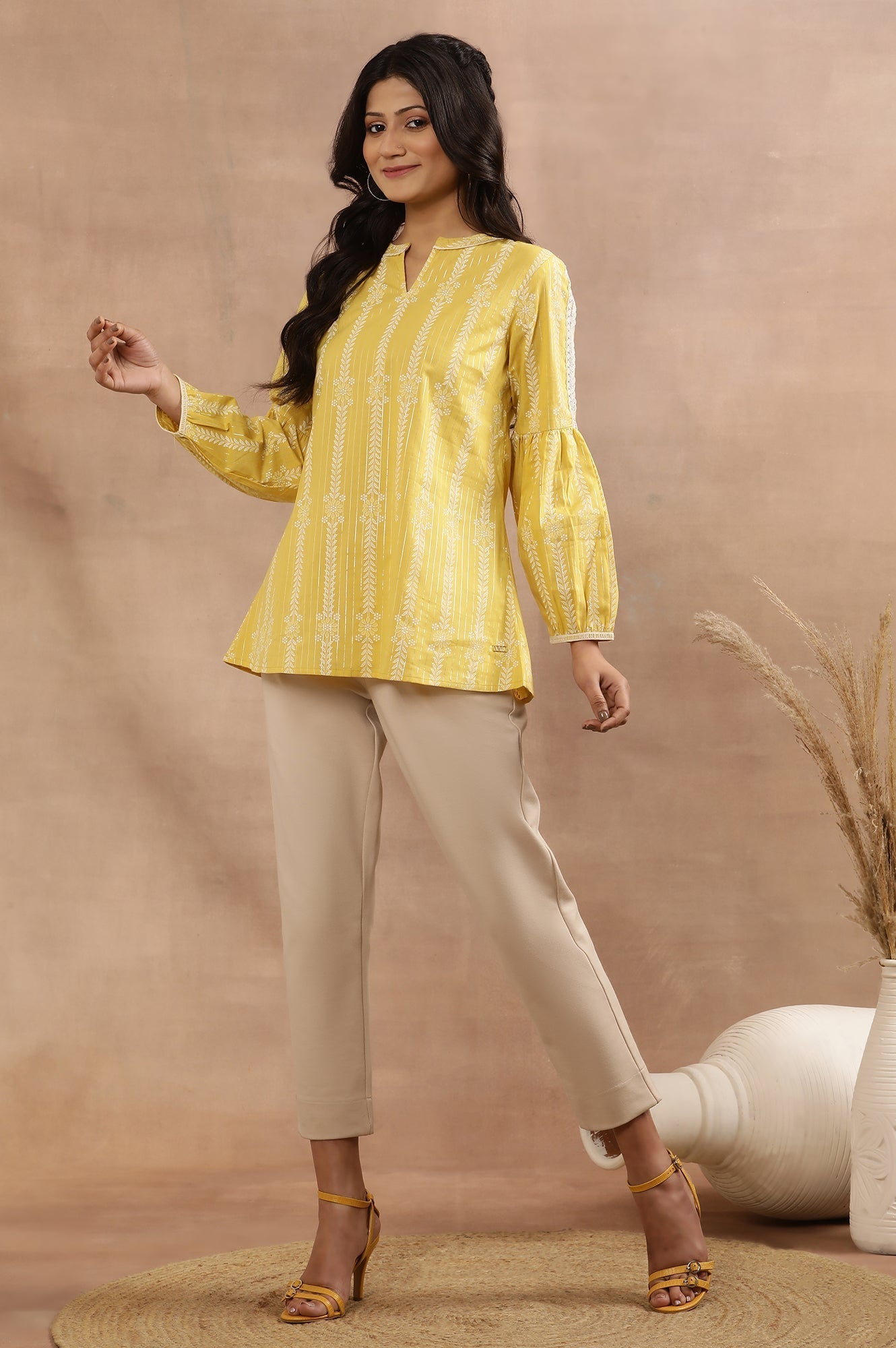 W for Woman Yellow Printed Top With Tie-Up Detail | Grocsy