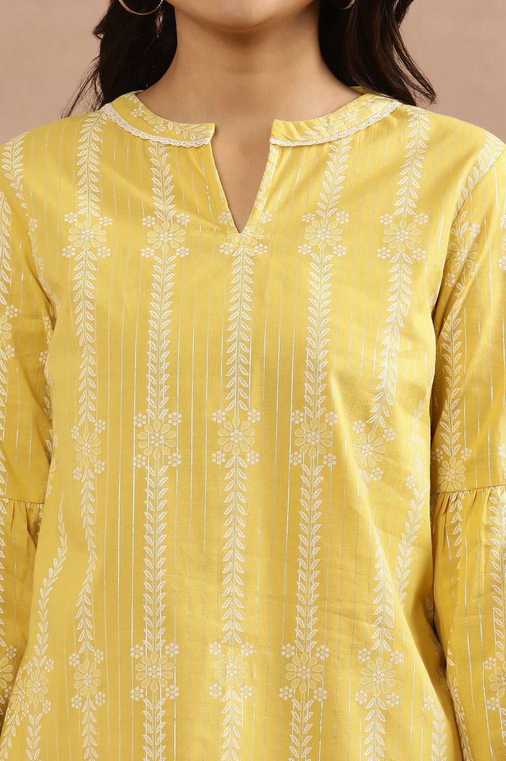 W for Woman Yellow Printed Top With Tie-Up Detail | Grocsy