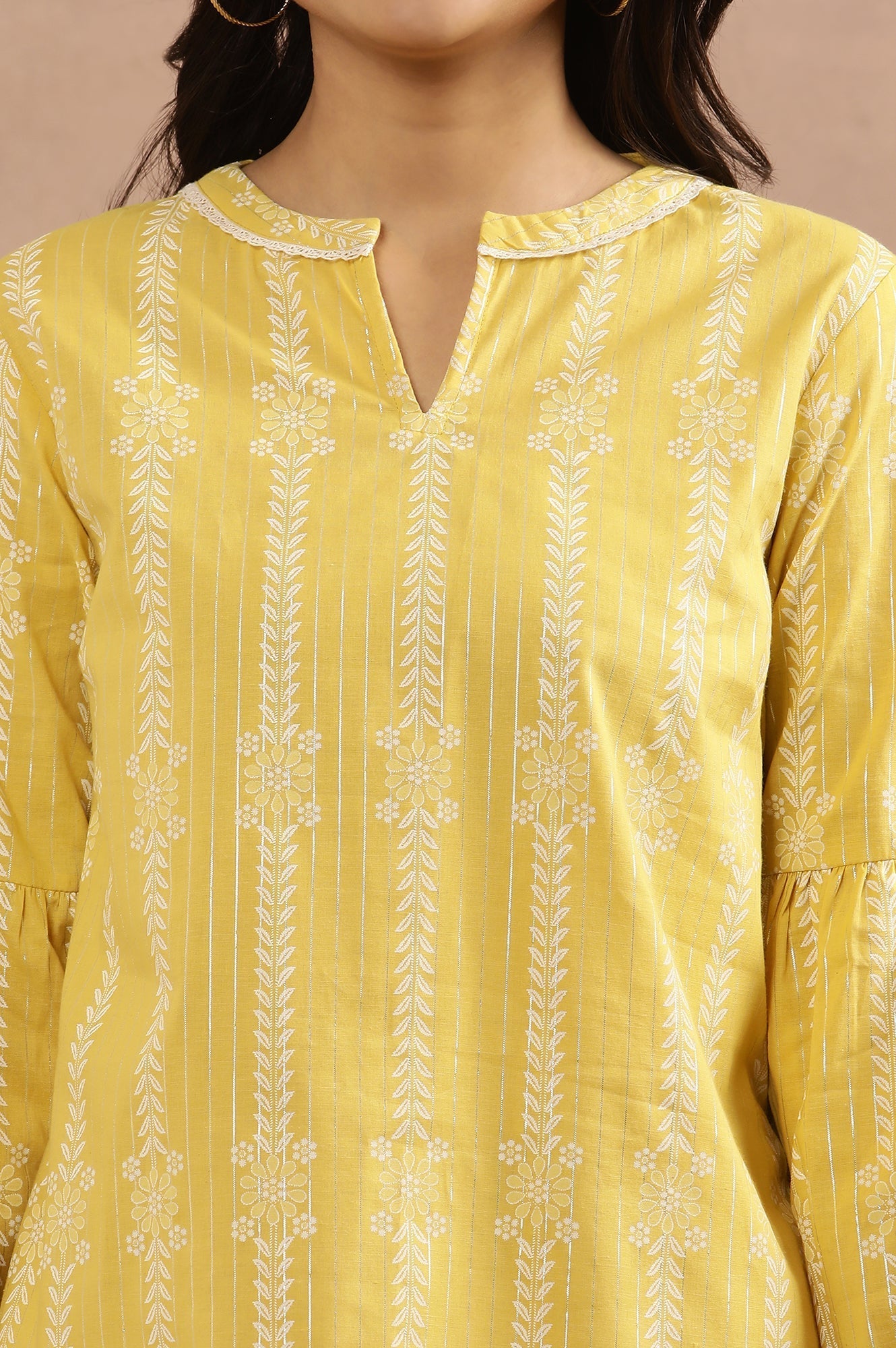W for Woman Yellow Printed Top With Tie-Up Detail | Grocsy
