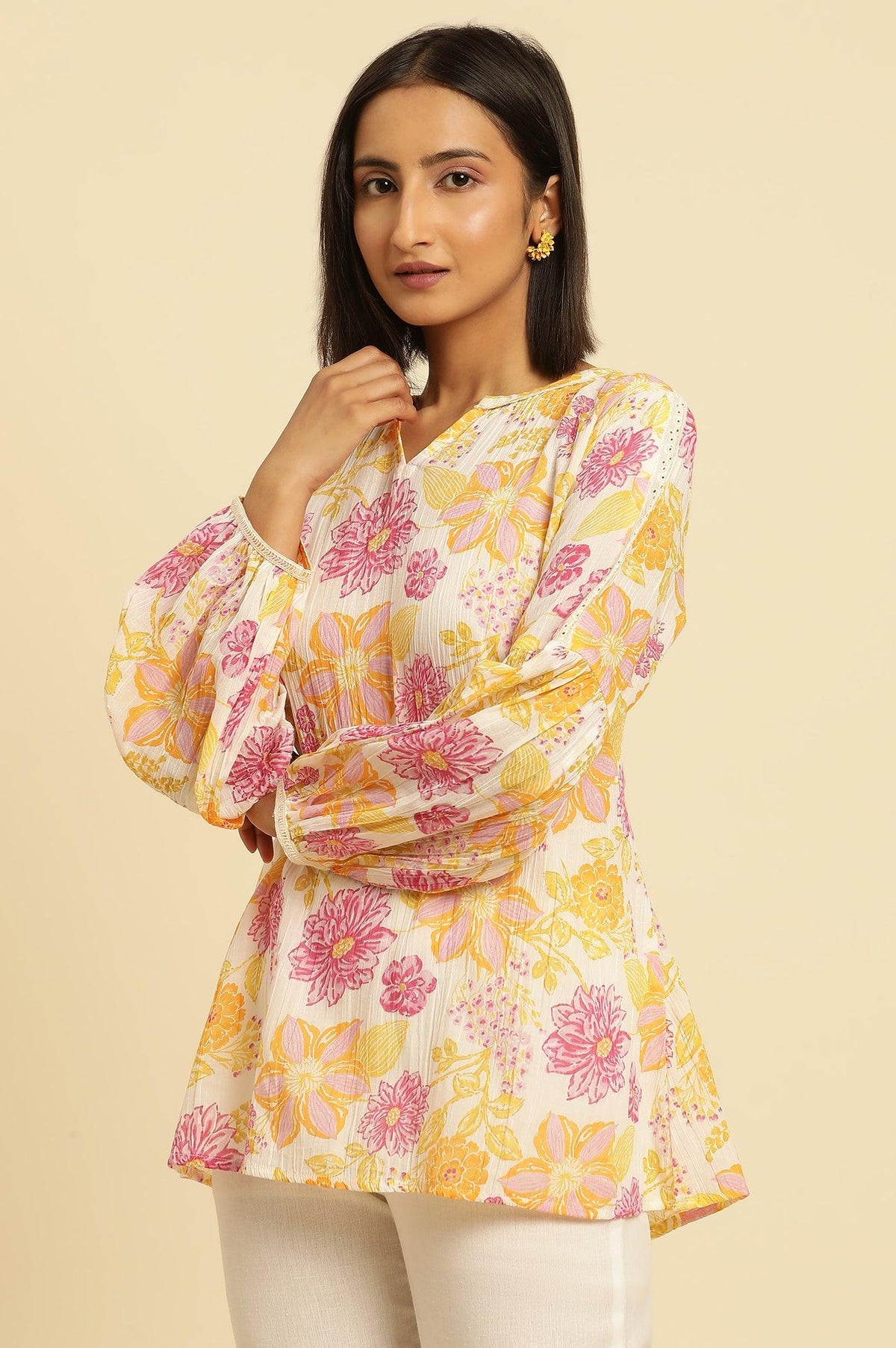 W for Woman White Printed Top With Tie-Up Detail | Grocsy