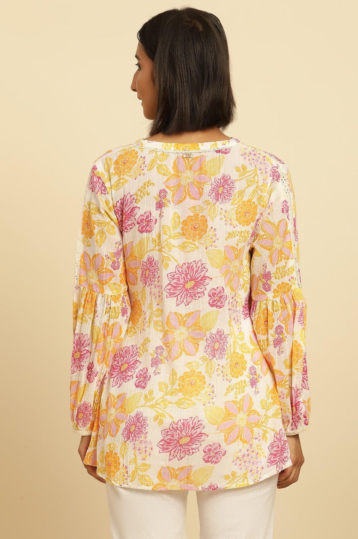 W for Woman White Printed Top With Tie-Up Detail | Grocsy