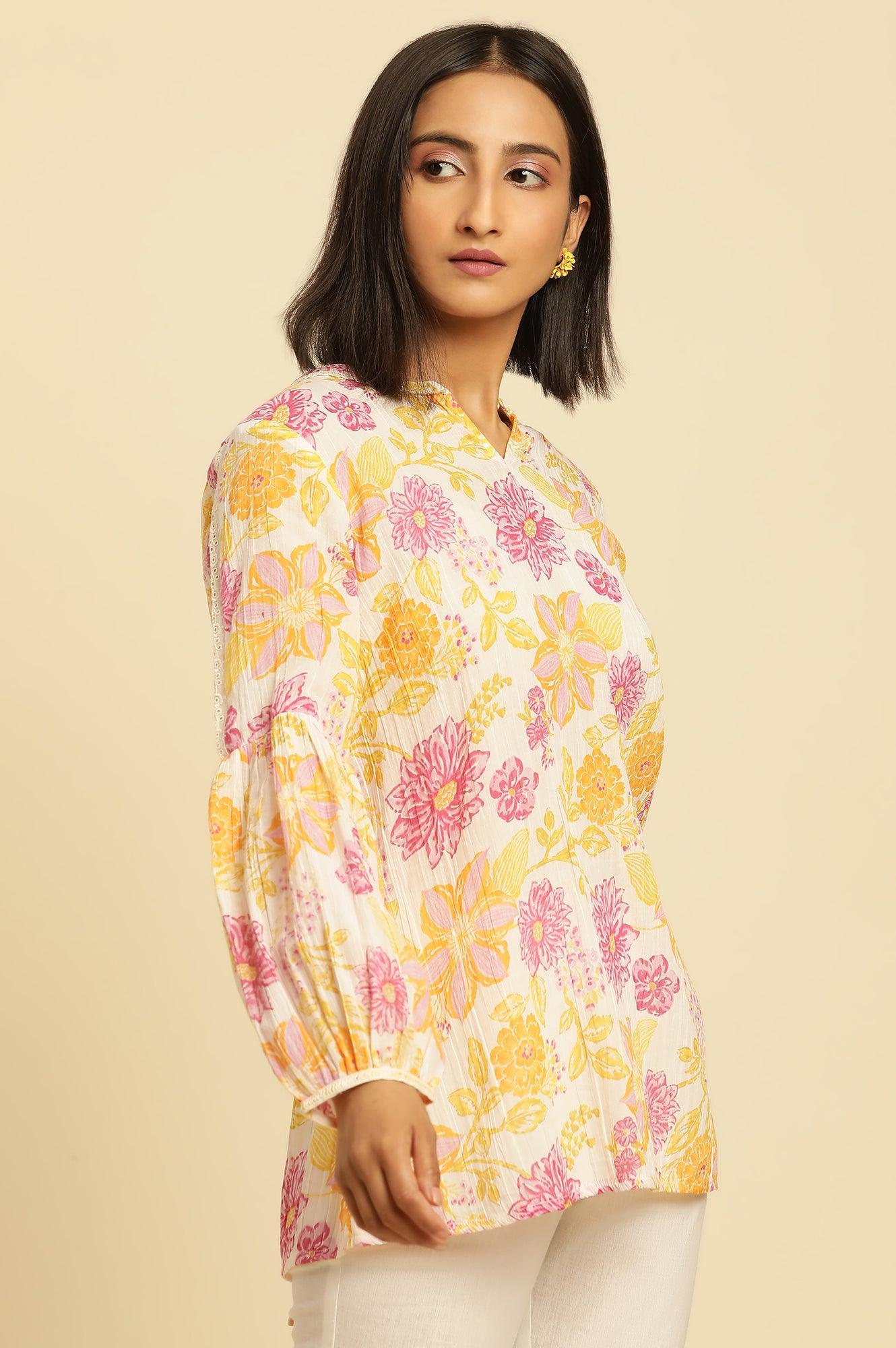 W for Woman White Printed Top With Tie-Up Detail | Grocsy