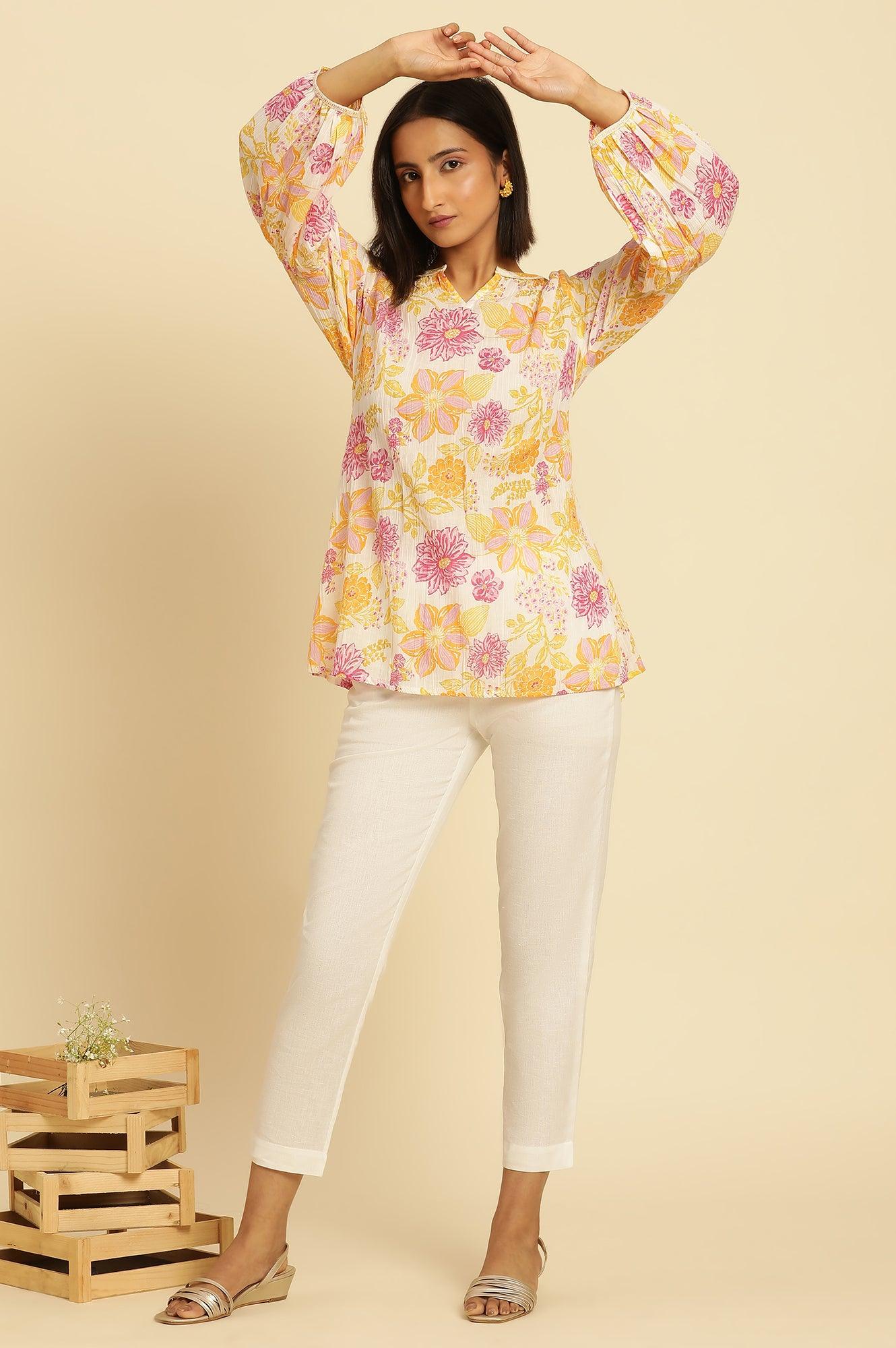 W for Woman White Printed Top With Tie-Up Detail | Grocsy