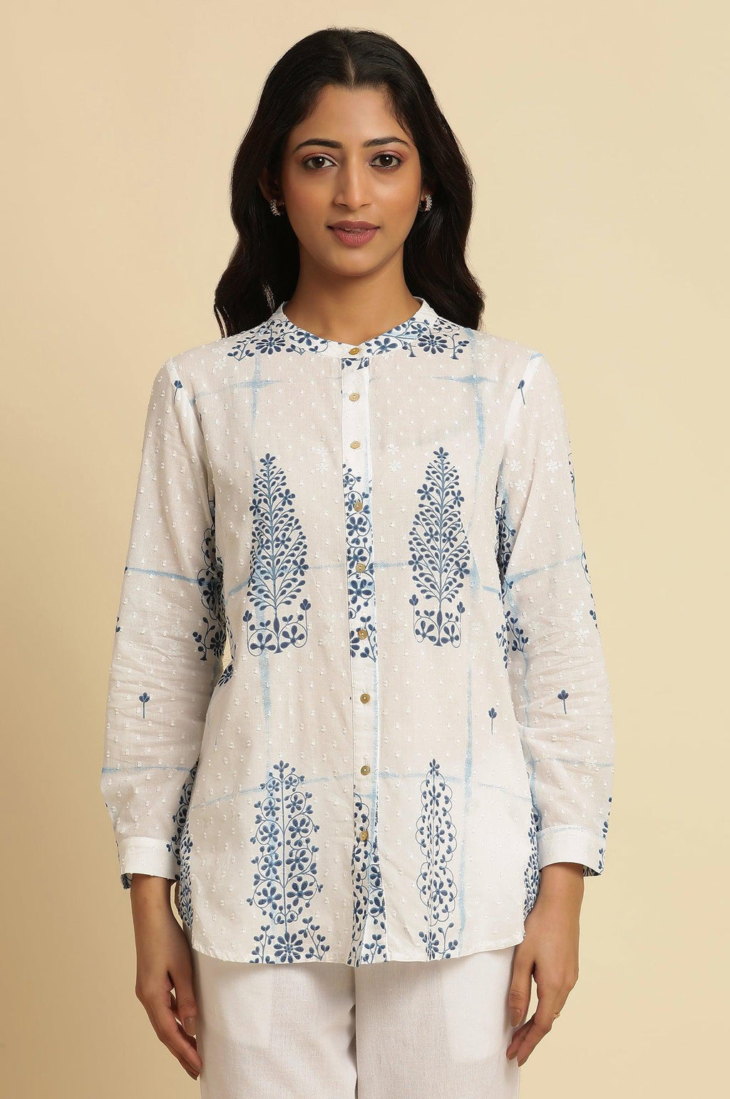 W for Woman White Printed Cotton Shirt | Grocsy