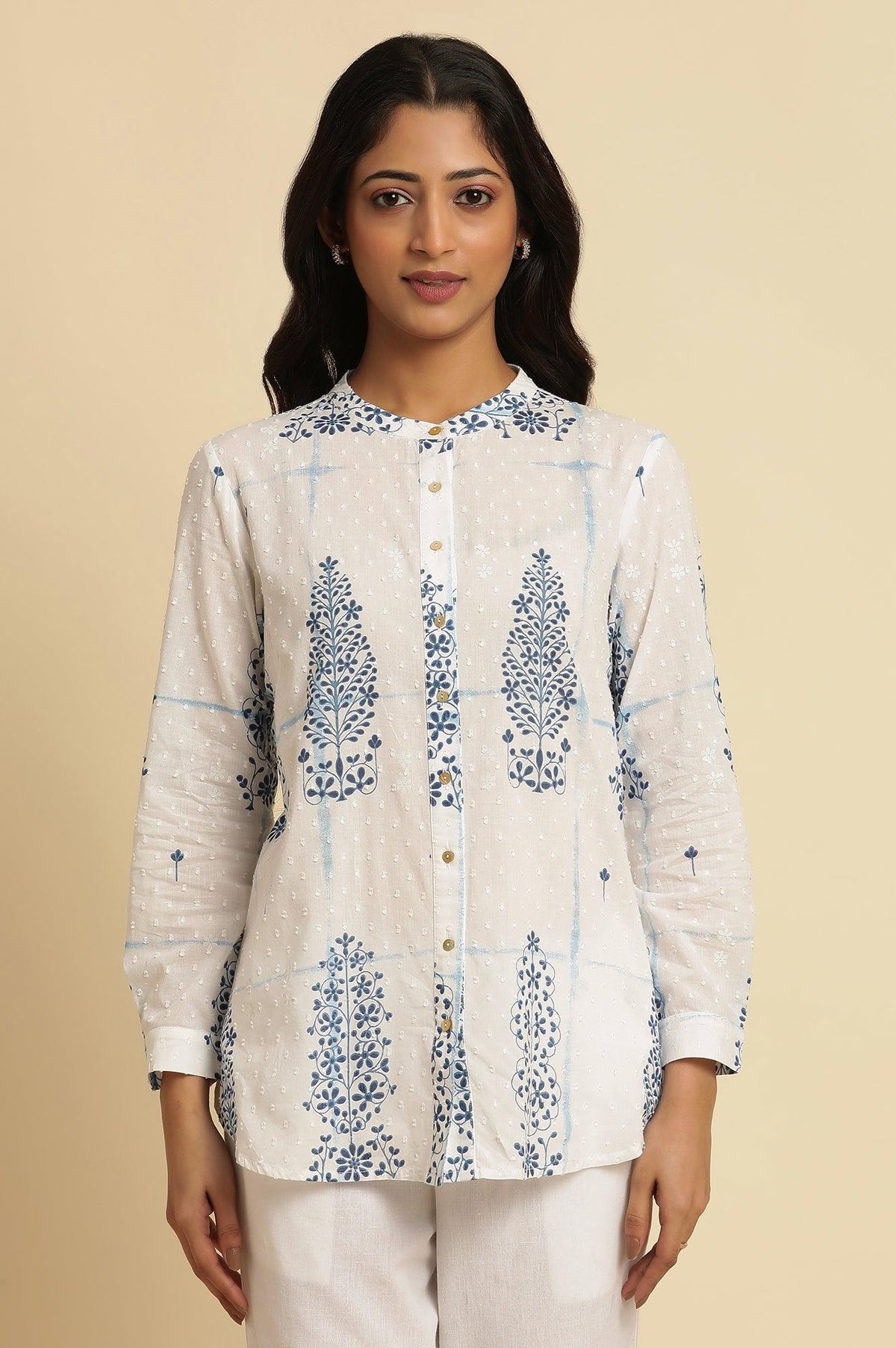 W for Woman White Printed Cotton Shirt | Grocsy