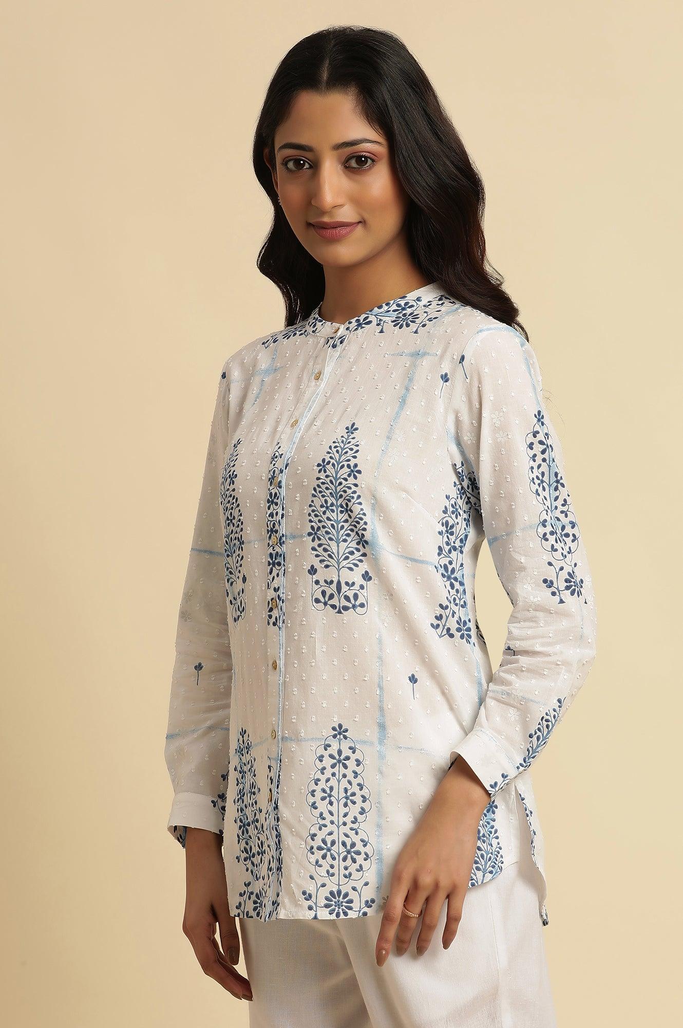 W for Woman White Printed Cotton Shirt | Grocsy