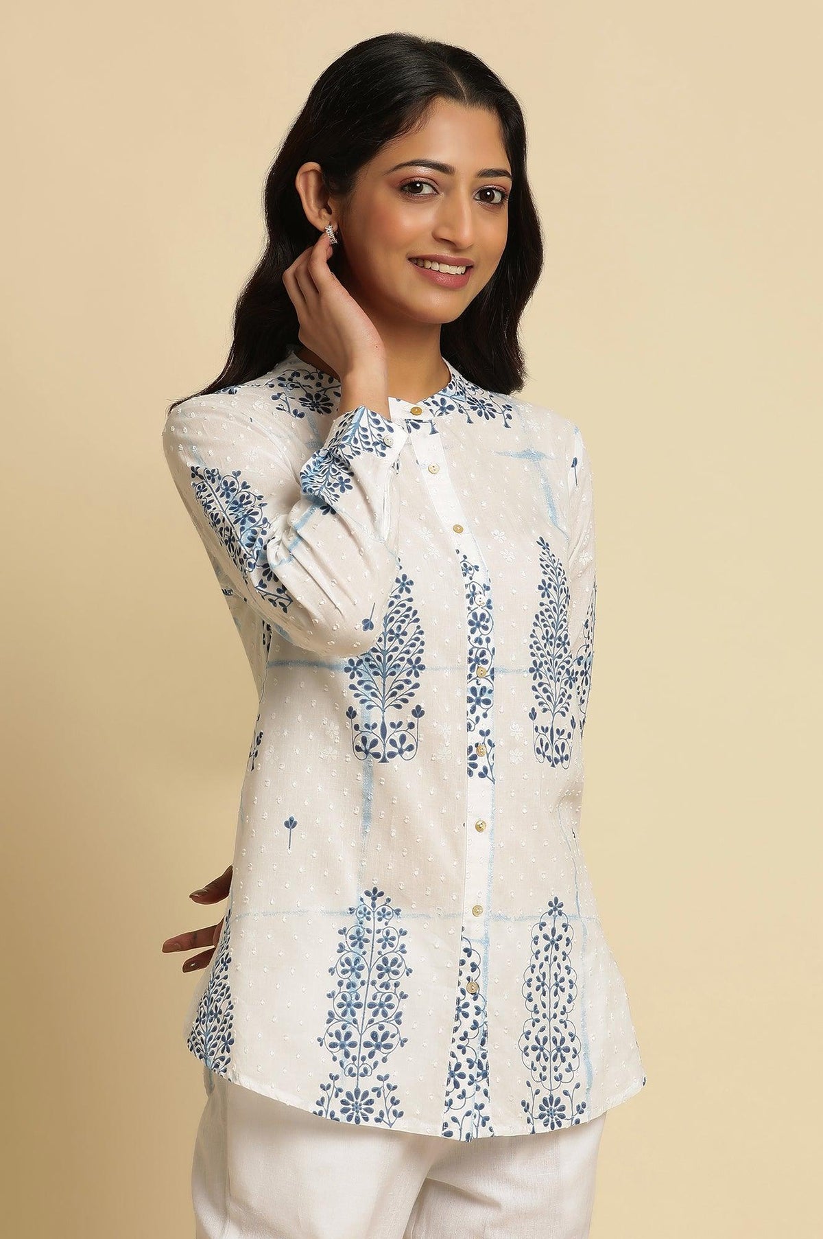 W for Woman White Printed Cotton Shirt | Grocsy