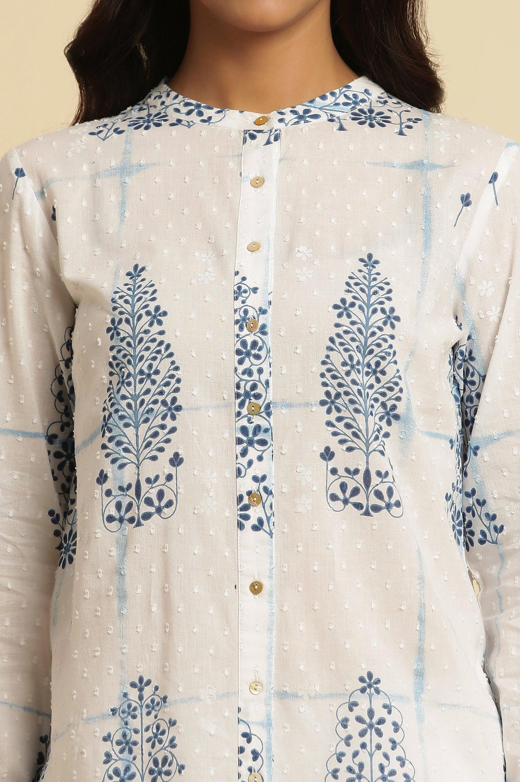 W for Woman White Printed Cotton Shirt | Grocsy