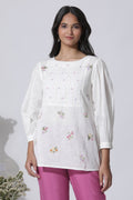 W for Woman White Embroidered Cotton Top With Schiffli Yoke | Grocsy