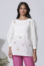 W for Woman White Embroidered Cotton Top With Schiffli Yoke | Grocsy