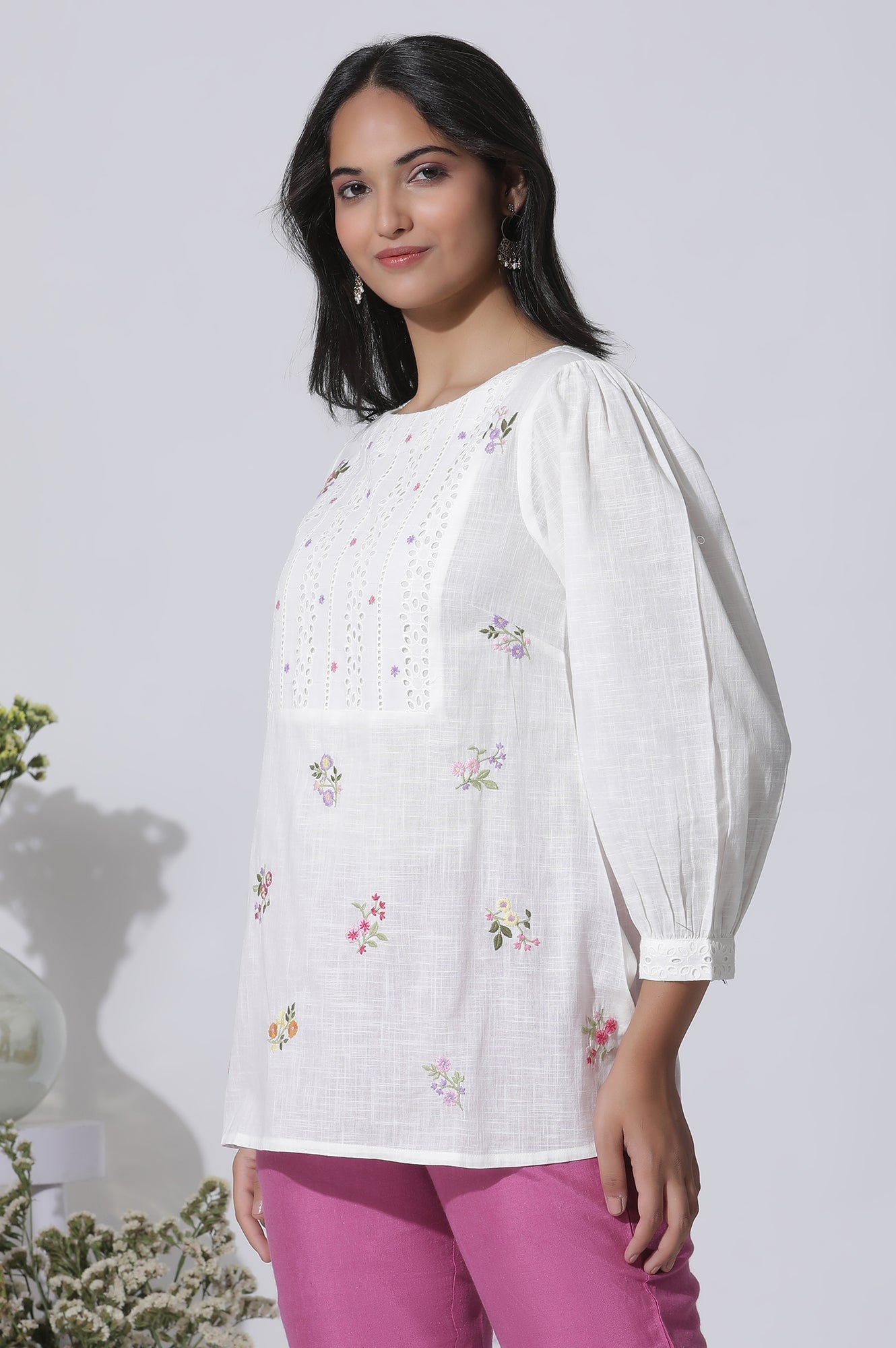 W for Woman White Embroidered Cotton Top With Schiffli Yoke | Grocsy