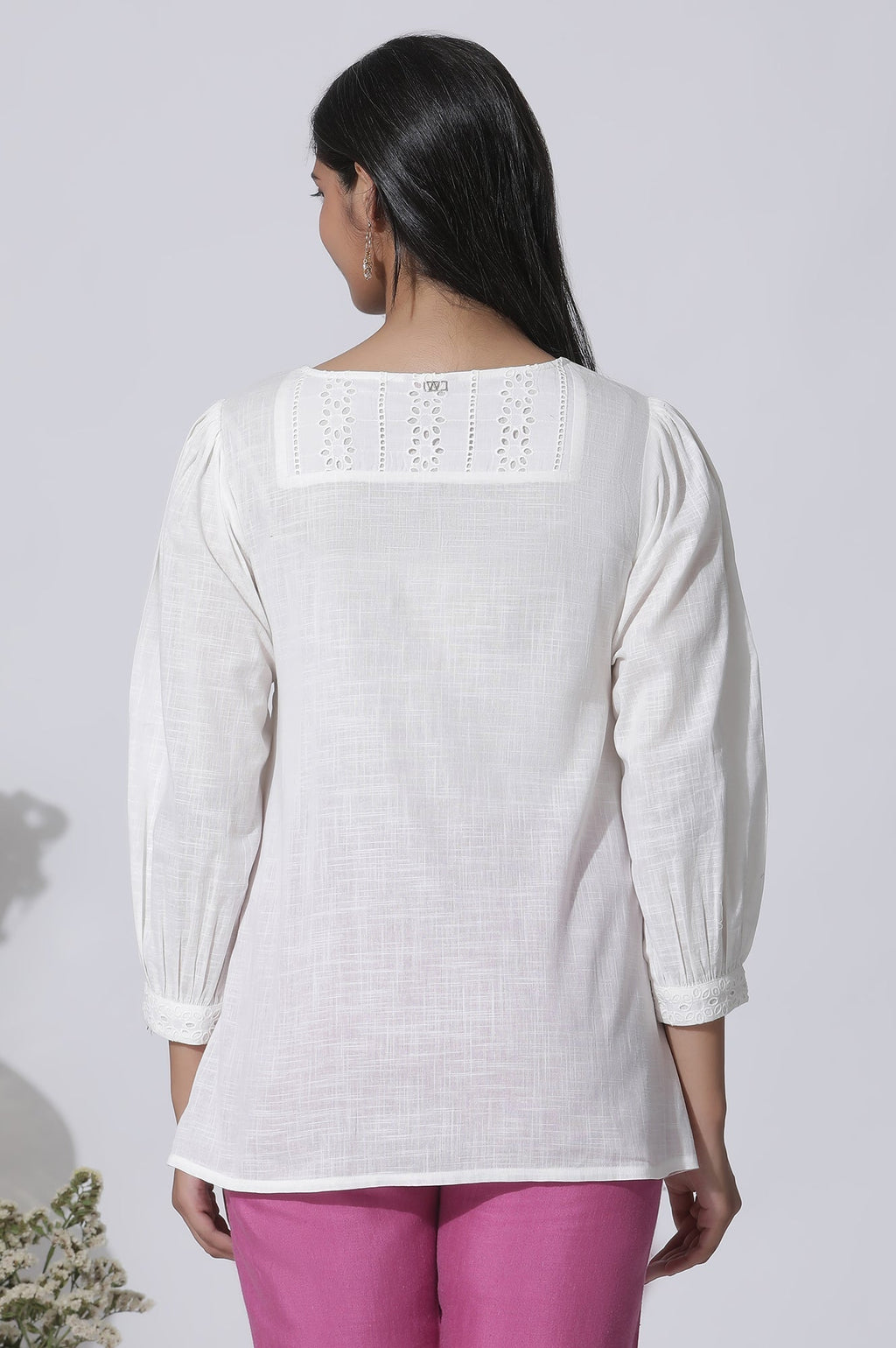 W for Woman White Embroidered Cotton Top With Schiffli Yoke | Grocsy