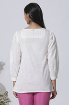 W for Woman White Embroidered Cotton Top With Schiffli Yoke | Grocsy