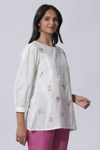 W for Woman White Embroidered Cotton Top With Schiffli Yoke | Grocsy