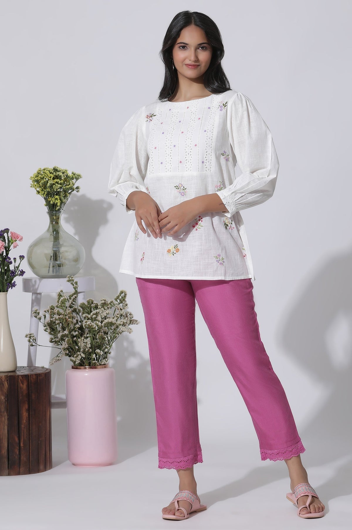 W for Woman White Embroidered Cotton Top With Schiffli Yoke | Grocsy