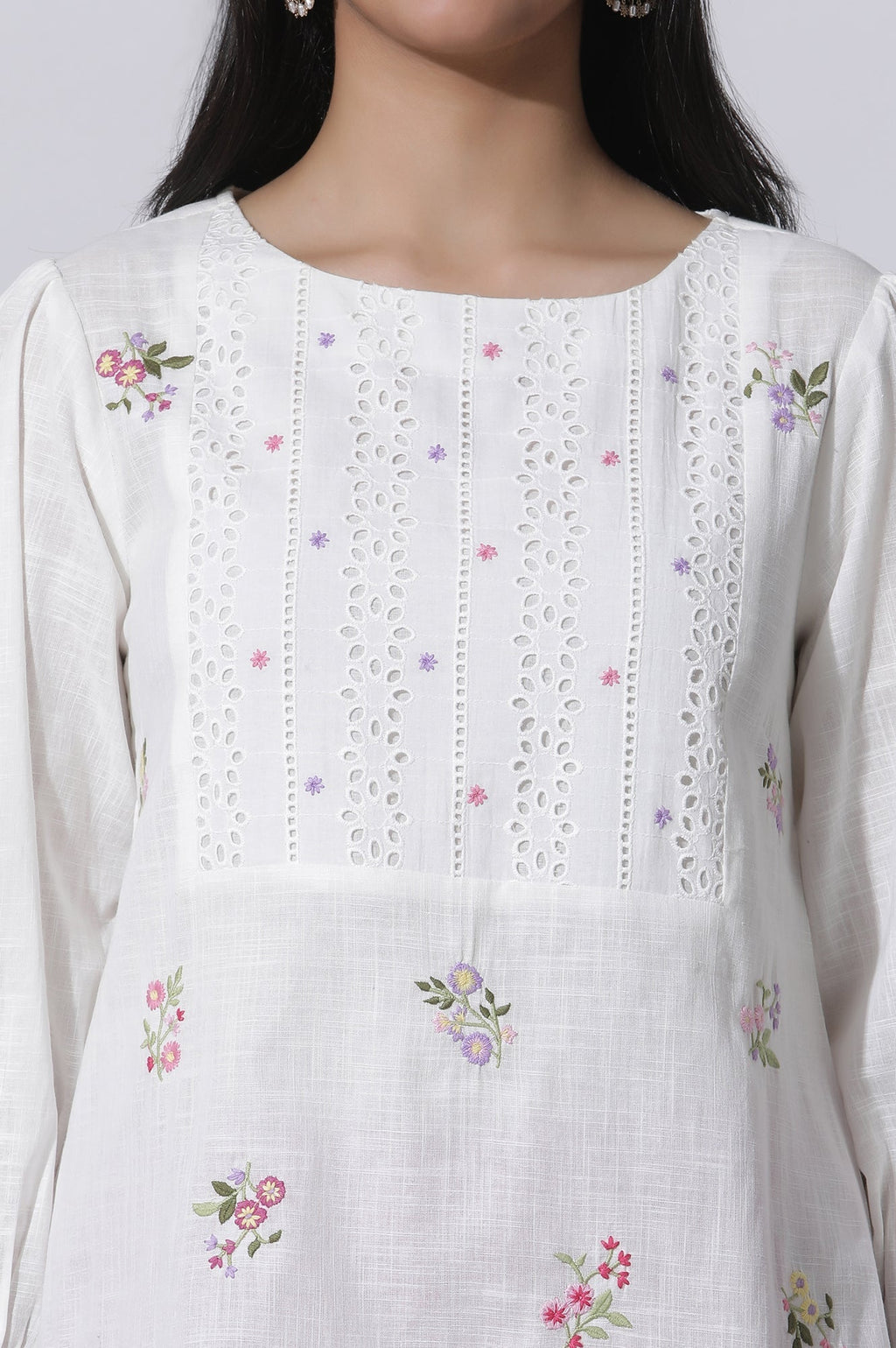W for Woman White Embroidered Cotton Top With Schiffli Yoke | Grocsy