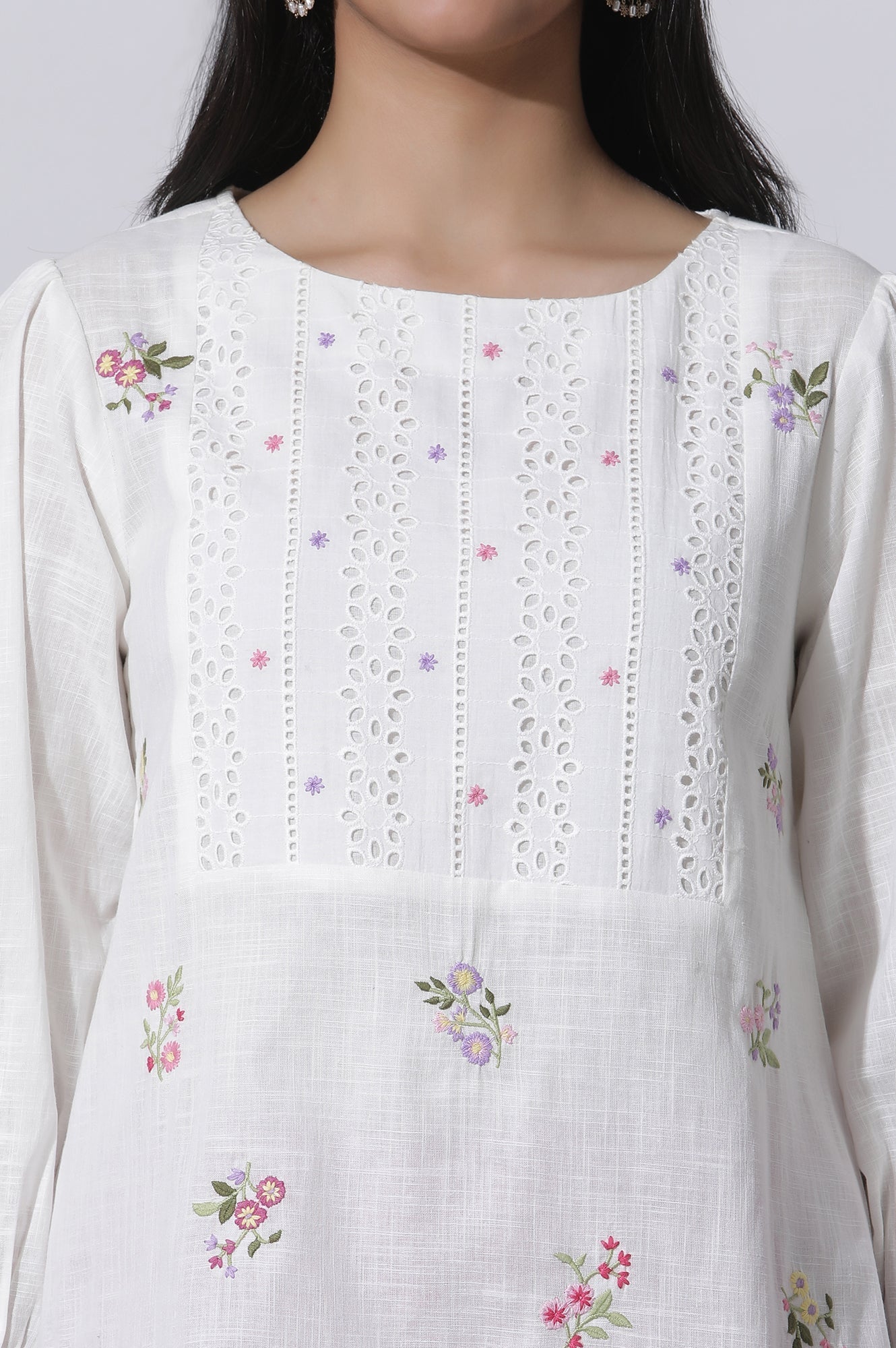 W for Woman White Embroidered Cotton Top With Schiffli Yoke | Grocsy