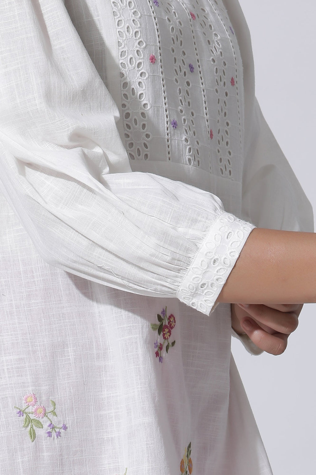 W for Woman White Embroidered Cotton Top With Schiffli Yoke | Grocsy