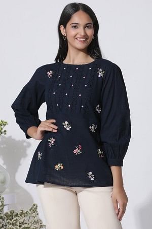 W for Woman Navy Blue Embroidered Cotton Top With Schiffli Yoke | Grocsy