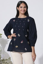 W for Woman Navy Blue Embroidered Cotton Top With Schiffli Yoke | Grocsy