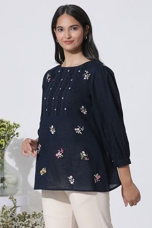 W for Woman Navy Blue Embroidered Cotton Top With Schiffli Yoke | Grocsy