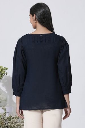W for Woman Navy Blue Embroidered Cotton Top With Schiffli Yoke | Grocsy