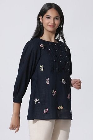 W for Woman Navy Blue Embroidered Cotton Top With Schiffli Yoke | Grocsy